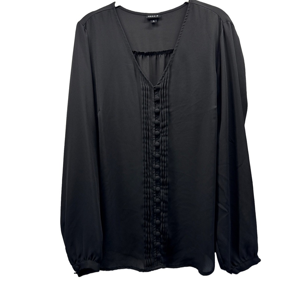 Torrid Women's Top Sz XL Solid Black Sheer Whimsigoth Long Sleeve V Neck Pintuck